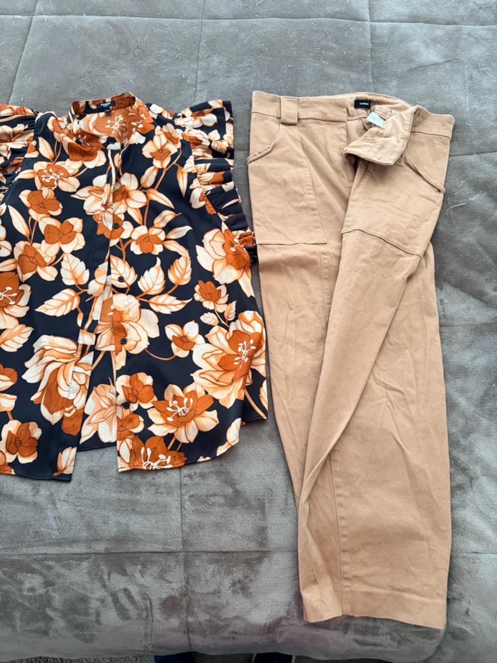 Express Black Floral Ruffle Sleeve Blouse with Orange & Cream Flowers